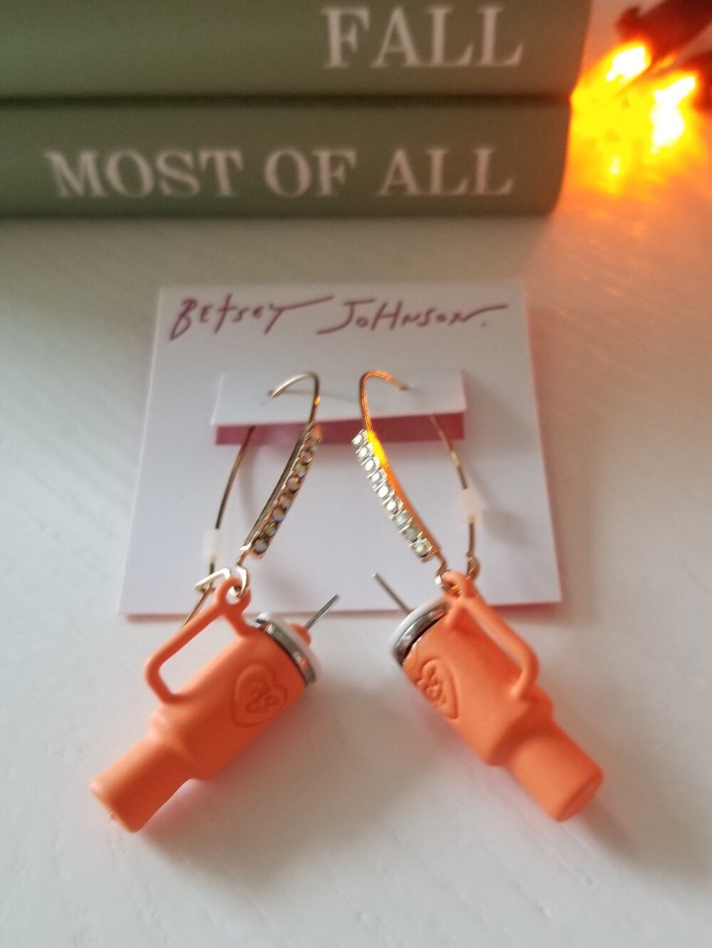 Betsey Johnson Orange Tumbler Cup Charm Drop Earrings Fish Hook Closure New